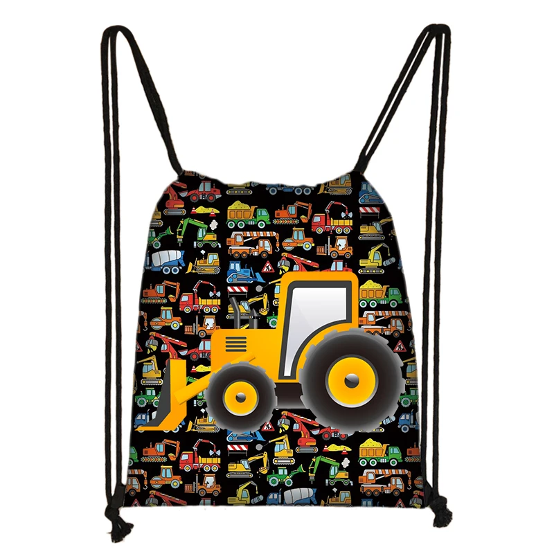 Cartoon Excavator Tractor Fire Truck Print Drawstring Bag Teenagers Engineering Vehicle Canvas Backpacks Portable Storage Bag