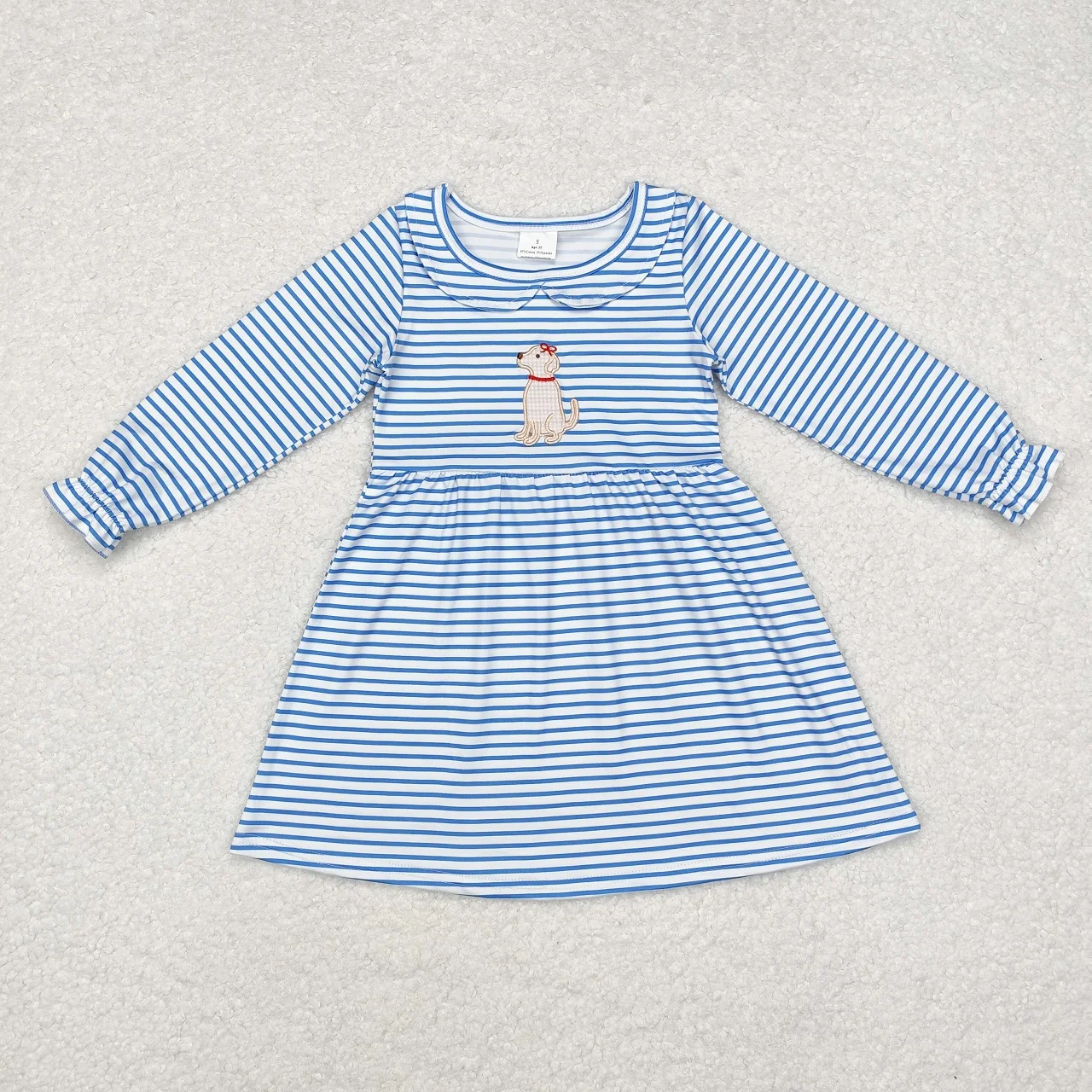 

Wholesale Children Long Sleeves Kid Embroidery Dog Dress Baby Girl Infant Toddler Spring Fall Blue Stripes Knee Length One Piece