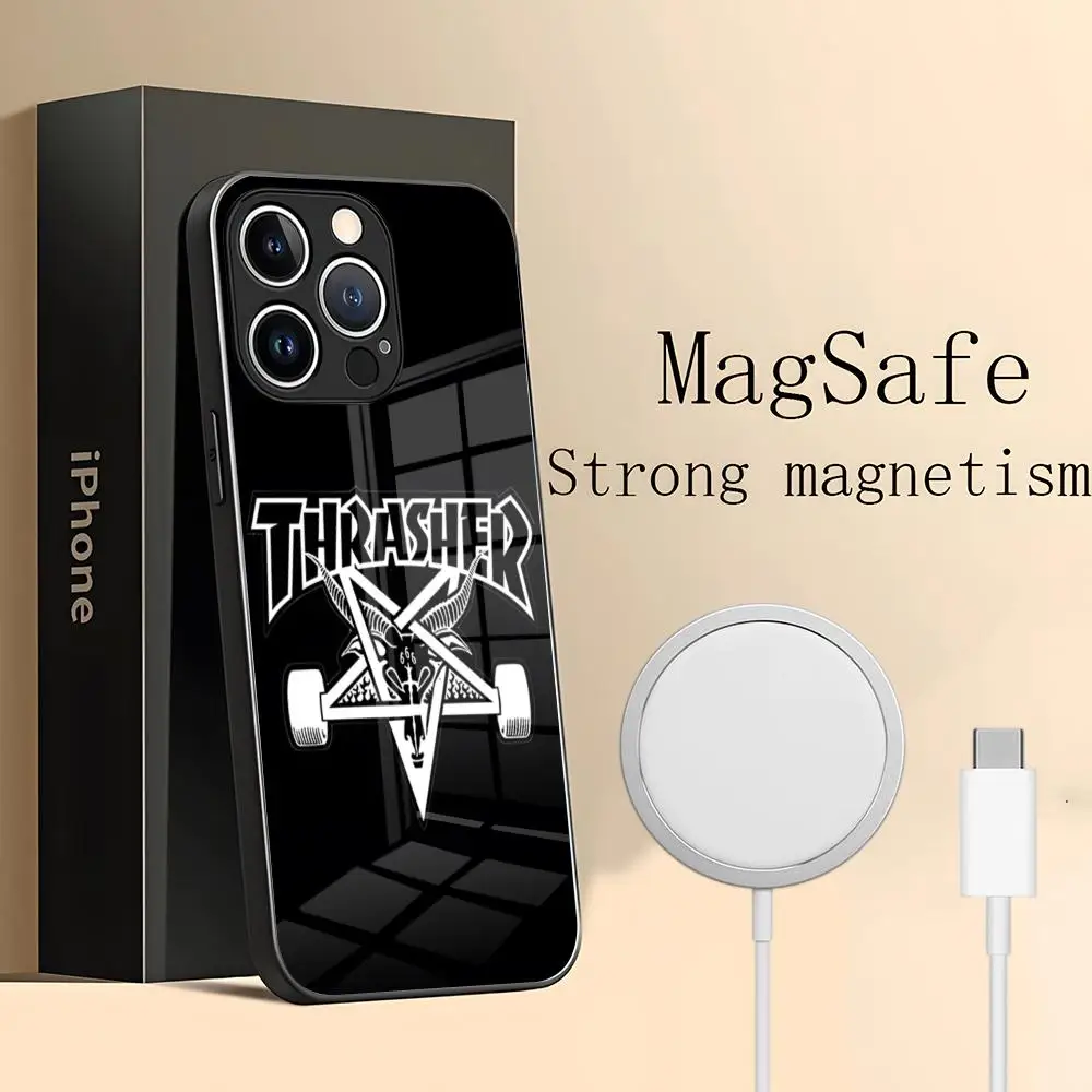 Thrashers Phone Case for iPhone 15 Pro Max 14 Plus 12 Mini 11 13 14 Pro Max Magsafe Wireless Charge Glass Cover