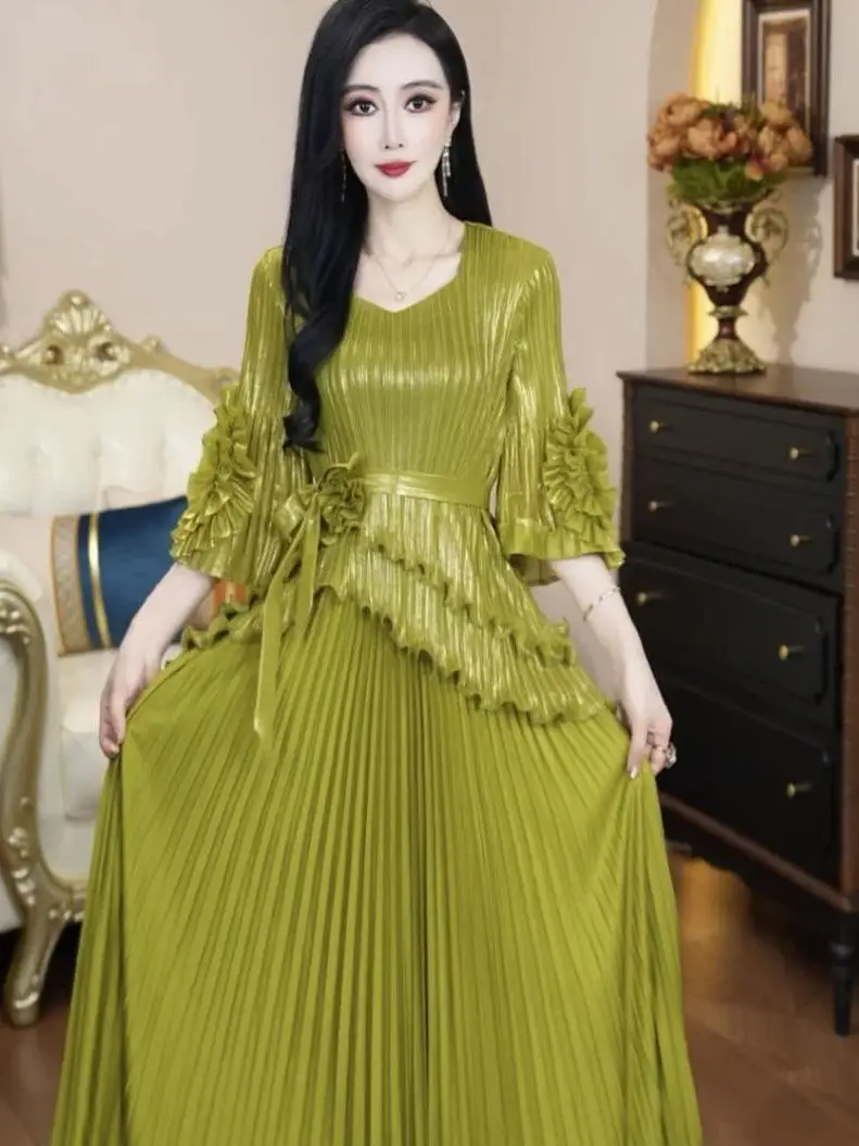 

Ele Luxury Women's Faion Set Spring Summer New Sle Slimming Large Size Pleated Top Pleated Skirt Two-Piece Set