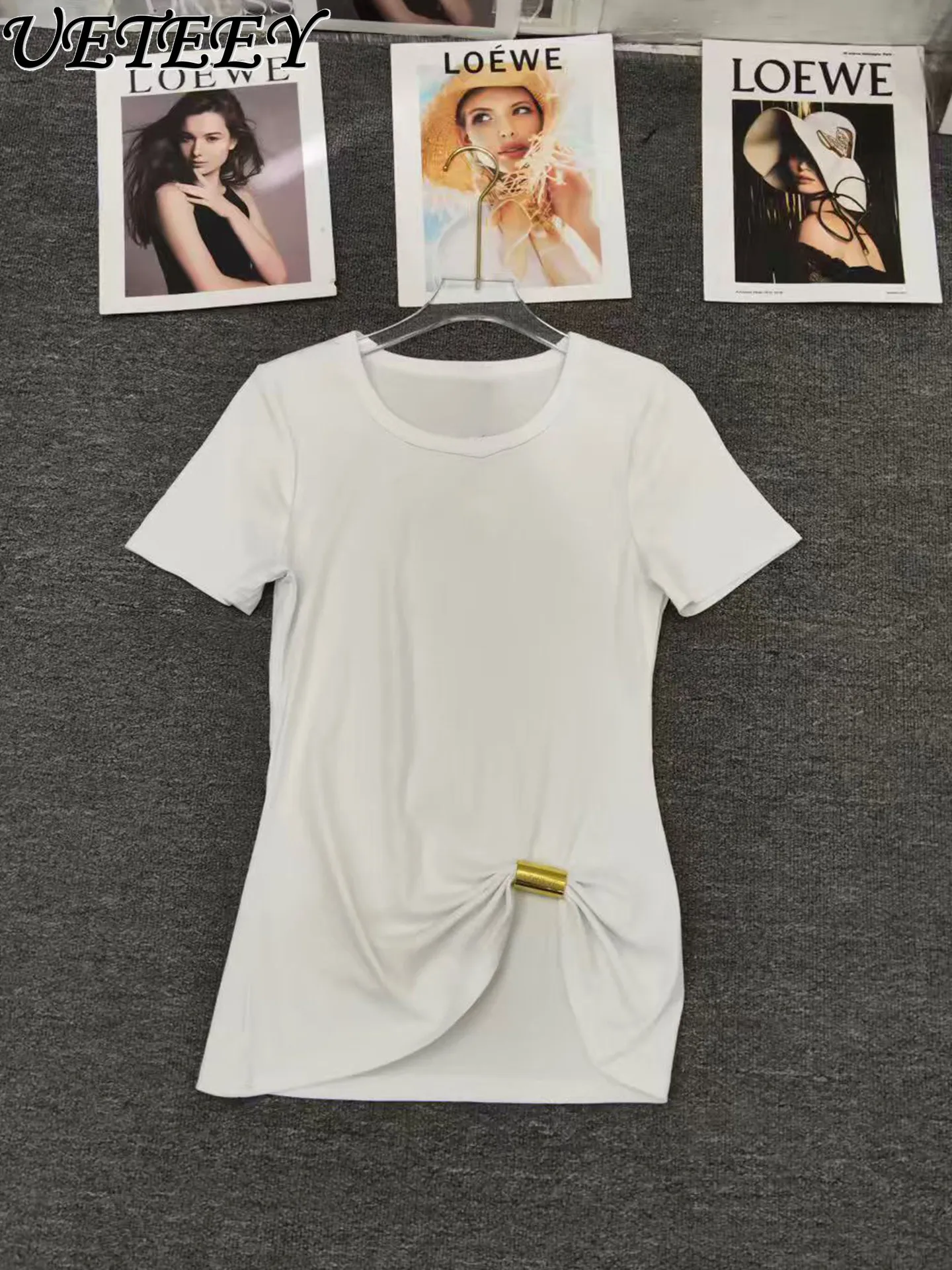 

Новая модная футболка с круглым вырезом, однотонная, базовая, повседневная, белая, с декоративными рюшами и вставками, коллекция Весна-Лето 2026