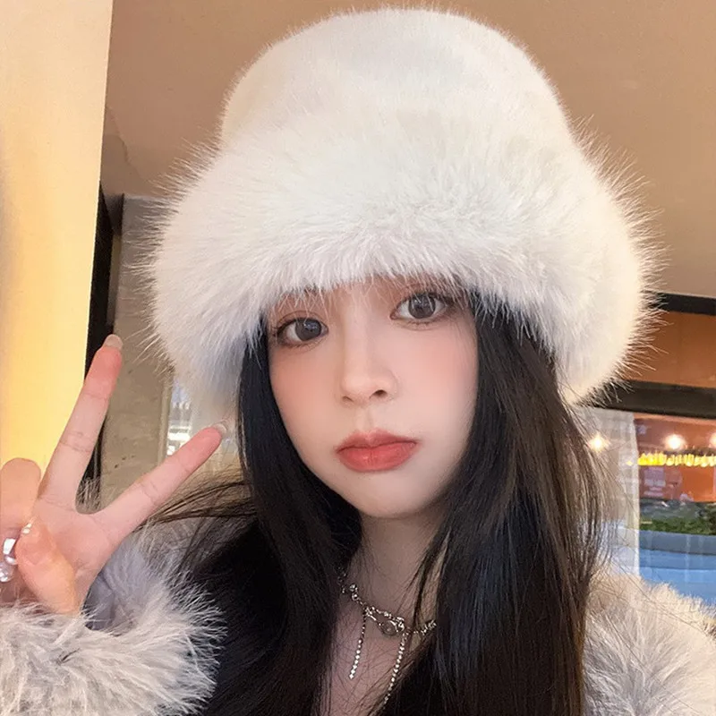 

2023 New Plush Bucket Hat for Women Winter Fleece-lined Warm Bonnet Casual Cap Solid Color Thicken Fluffy Fisherman Caps