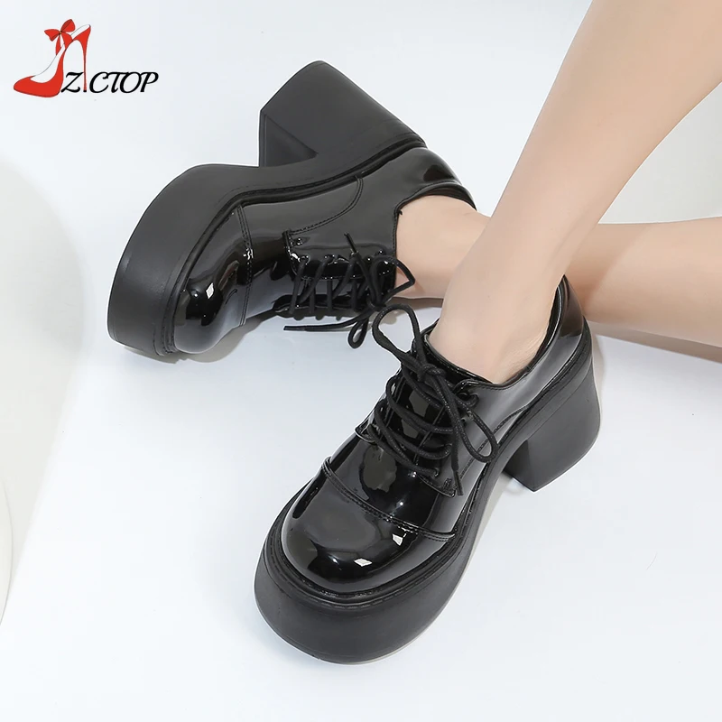 

10cm Super High Heels Platform Loafers Women Patent Leather Chunky Heeled Pumps Lace Up Black Jk Uniform Lolita Mary Jane Shoes