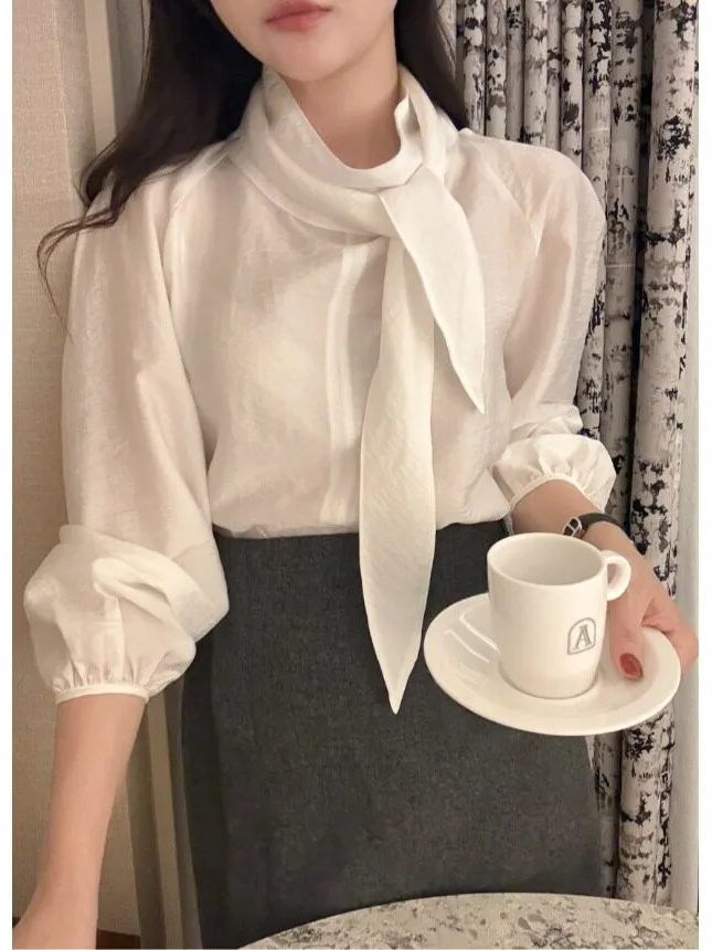 Elegant Lady Design Long Sleeve High Collar Sash Versatile Slimming Tunic Shirt for Autumn Spring Winter Casual Wear