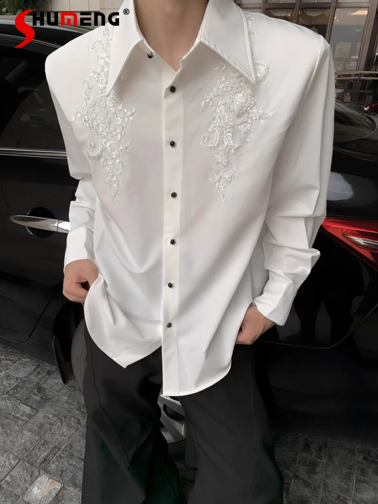 

Men's 2025 Autumn New High-End Elegant Long Sleeve Shirts Light Luxury Beaded Embroidery Design Tops Male Padded Shoulder Shirts