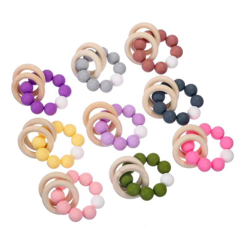 Wooden Toys Baby Bracelets Teether Silicone Beads Teething Wood Ring Rattles Toys Infant Nursing Gift for Newborns BPA Free