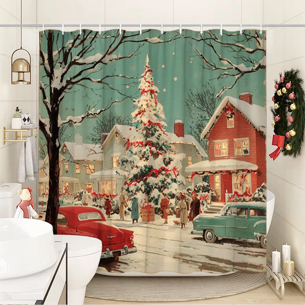 1pc 2D Flat Vintage Snow Village Christmas Shower Curtain, Red House Car Scene, Holiday Bathroom Decor