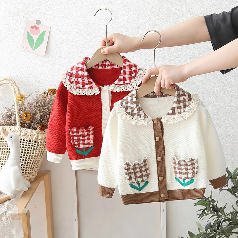 

Children's Sweater 2025 New Autumn Girls' Lapel Knitted Cardigan Baby Woollen Children's Jacket Sweet Style
