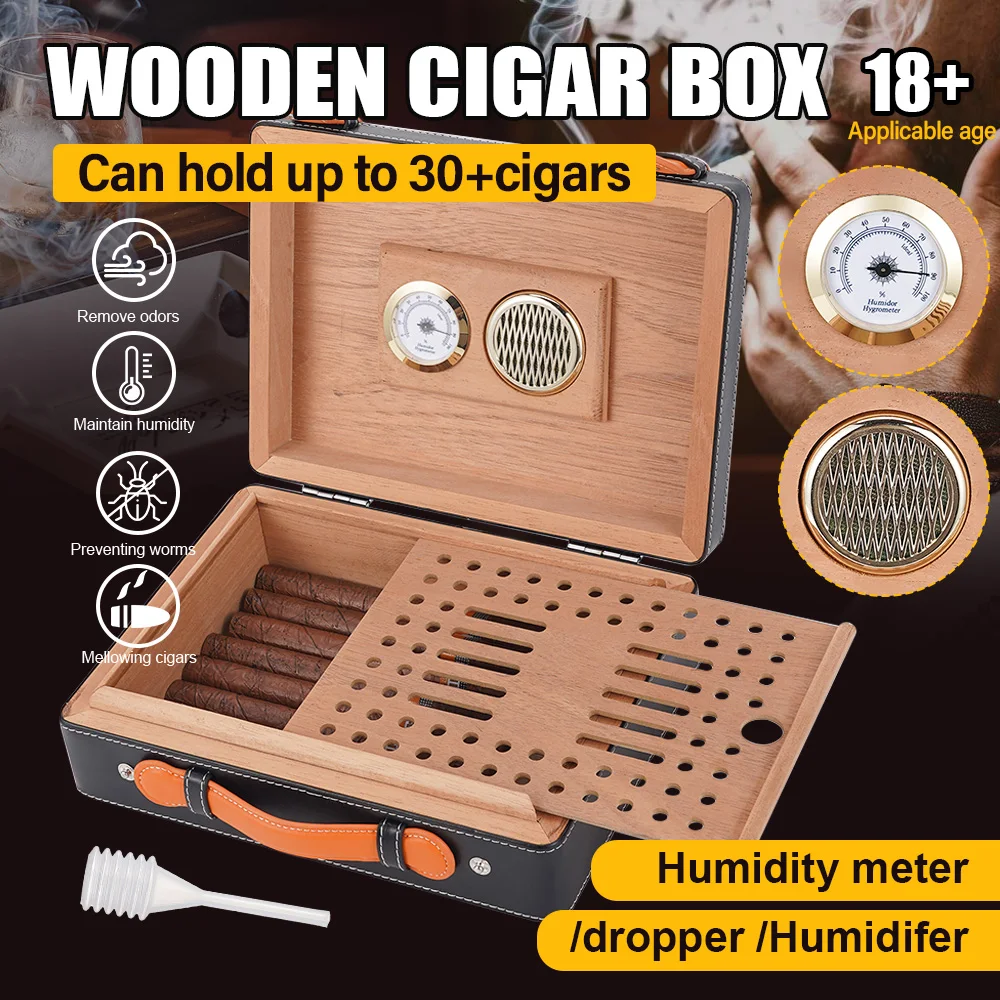 

30 Count Cigars Humidor Box Wood Lined Portable Smoking Accessories Humidor Humidifier With Hygrometer Case Moisturizing Device