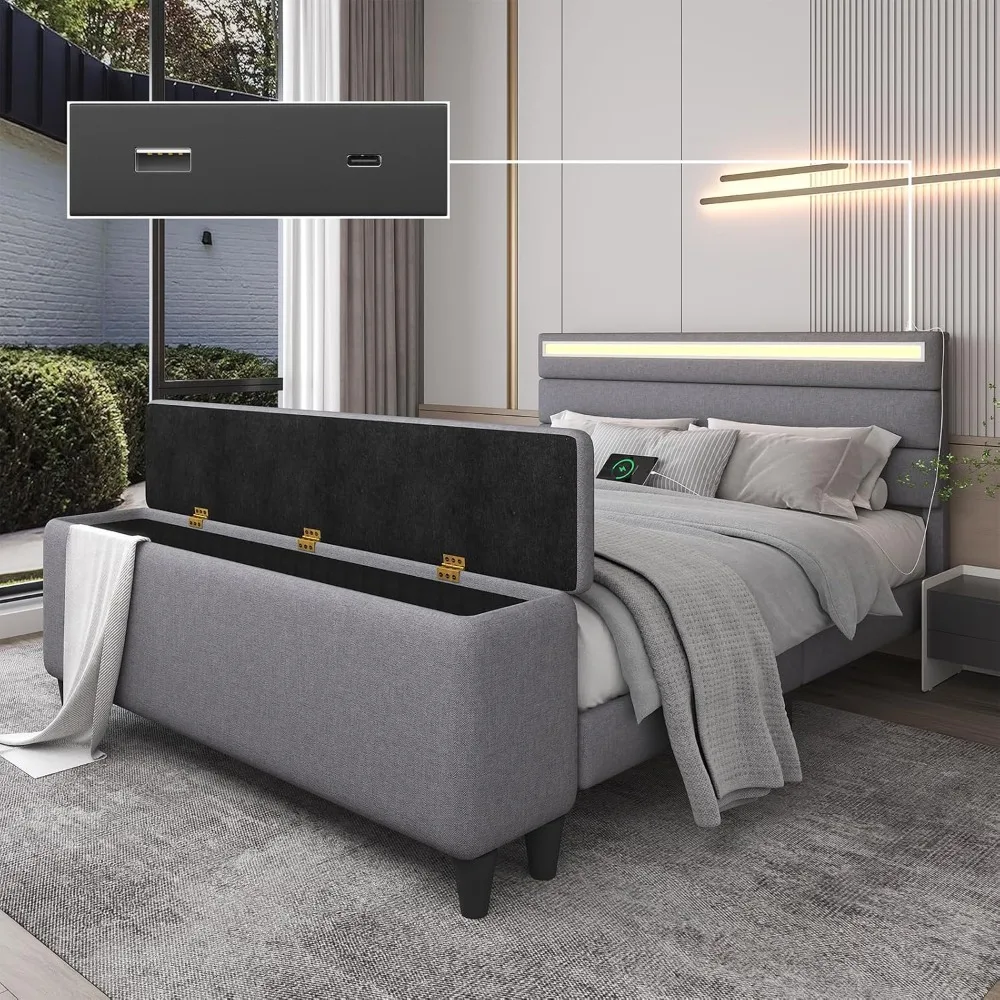 

Full Size Bed Frame with Headboard, Upholstered Platform Bed with Ottoman Storage, LED Lights and Charging Station