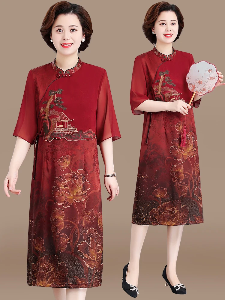 

Новинка 2025: Китайское шифоновое платье-ципао с коротким рукавом. Модная летняя одежда для женщин среднего и старшего возраста. Летний наряд для мам.