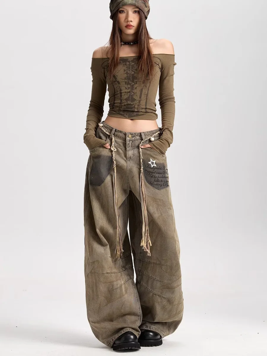 Hong Kong Style Hip Hop Men's Jeans Letter Print High Street Trendy Long Pants Casual Comfortable Polyester Fiber Zipper Fly