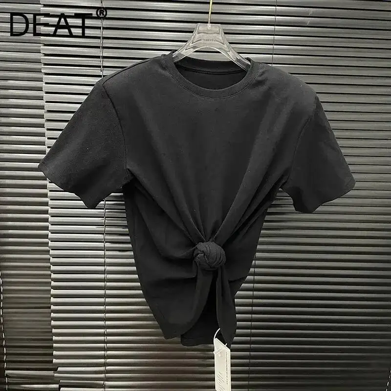DEAT 2025 صيف جديد موضة عقدة تصميم تي شيرت للنساء عادية سليم صالح مبطن الكتفين قصيرة الأكمام قمة الإناث 11A04691