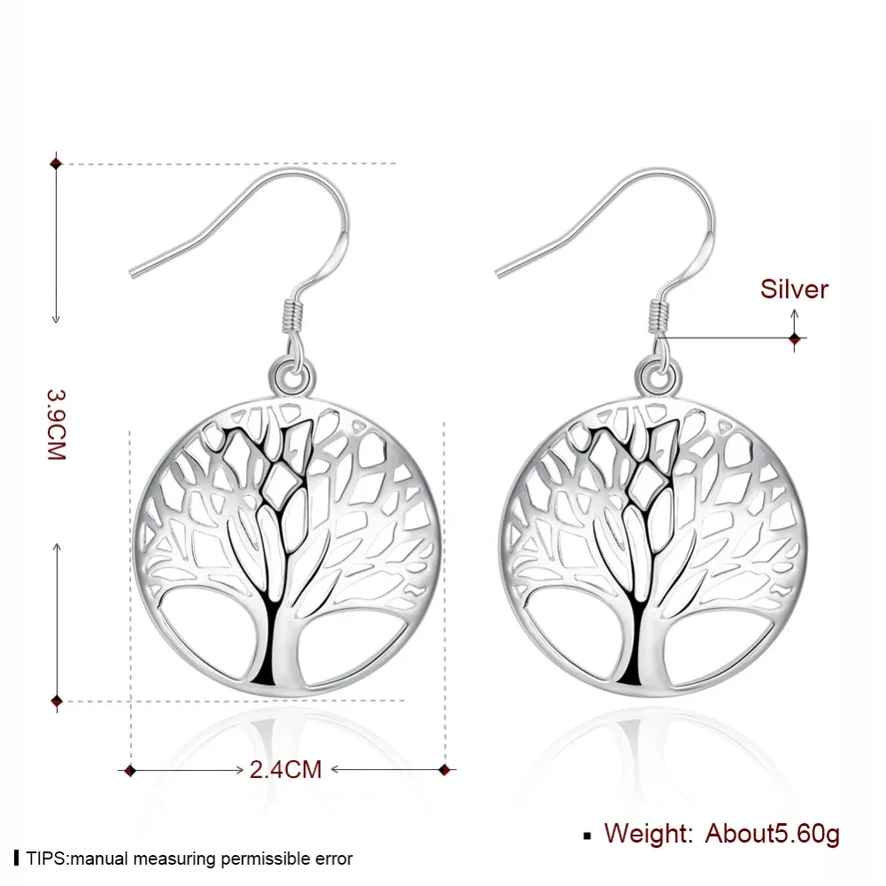 Women's 925 Sterling Silver Hollow Carved Round Tree Earrings