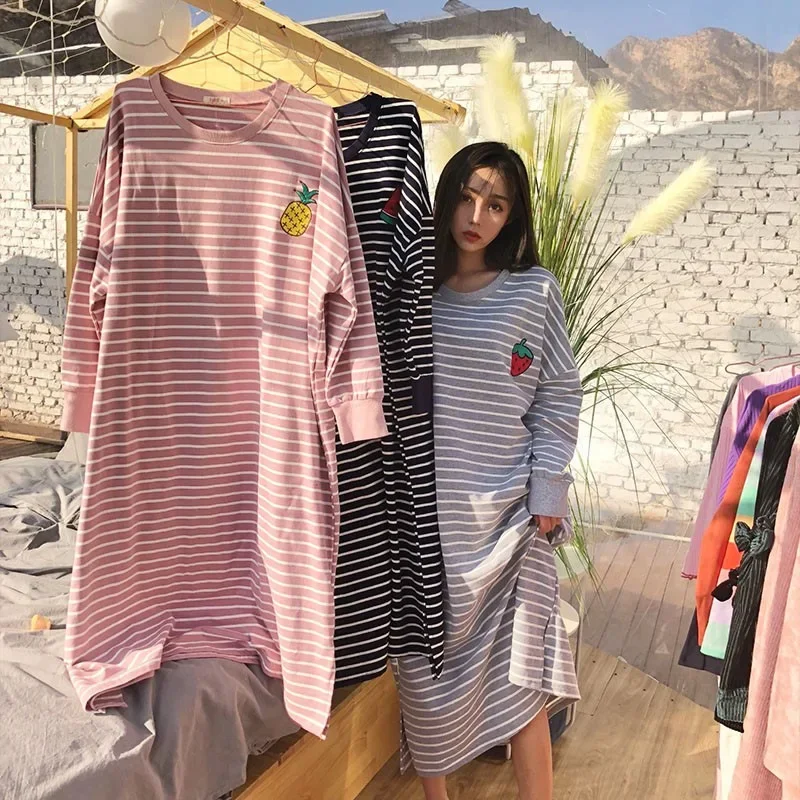 Spring 2024 New Loose-fit Long Sleeve Embroidered Striped Fruit Dress Nightgown Sleepshirt Home Clothes