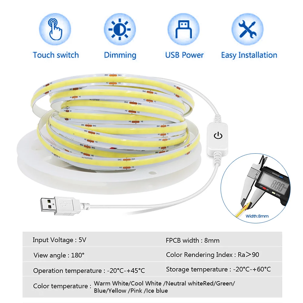 5V Touch Sensor COB LED Strip USB Light Tape Dimmable Dimmer Lamp 320LEDs/M DIY Mirror Backlight TV Kitchen Room Night Lighting