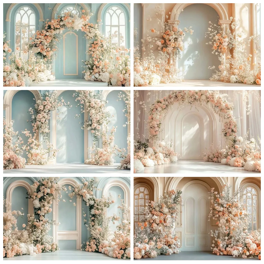 

Spring Pink Floral White Arched Door Photography Background Wedding Backdrop Birthday Maternity Portrait Photo Studio Supplies
