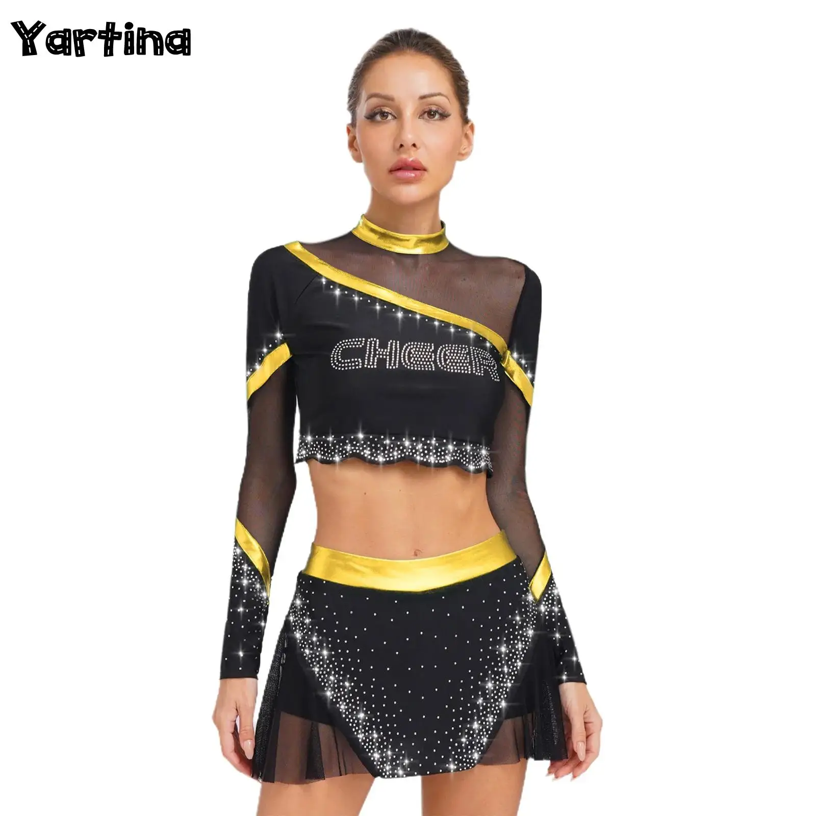 

Womens Carnival Cheerleader Costume School Girls Cheer Dance Clothing Rhinestone Cheerleading Crop Tops with Dance Skirt Set
