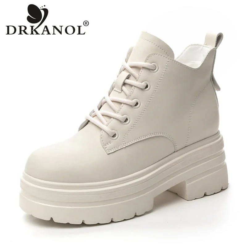 DRKANOL 2024 Solid Color Cowhide Ankle Boots Women Thick Heel Platform Height Increasing Short Boots Ladies Winter Warm Shoes