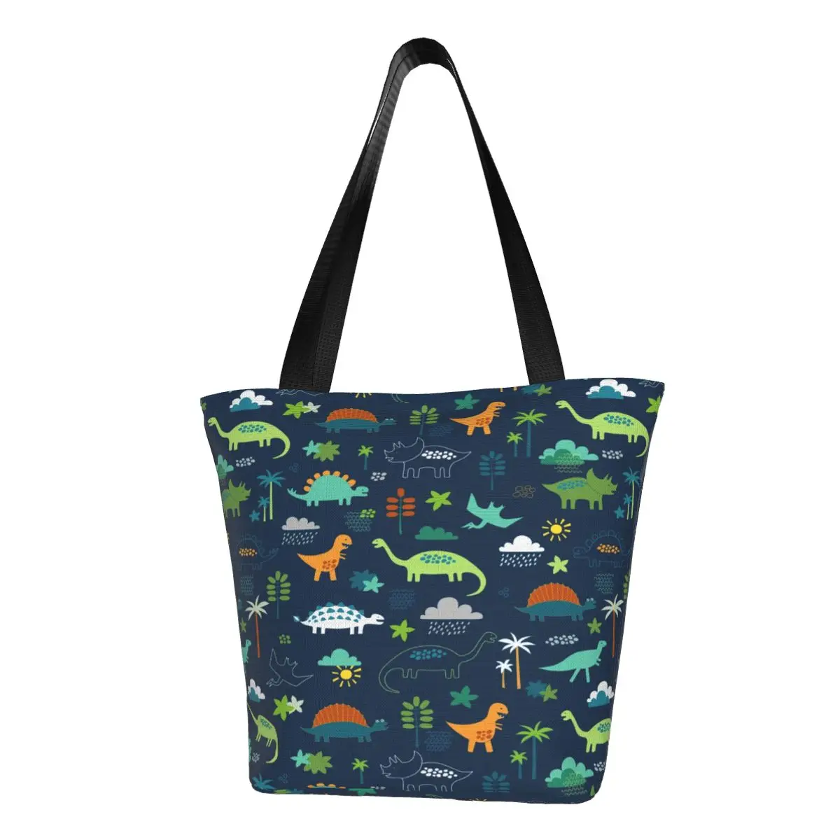 

Custom Cute Dinosaur Land Shopping Tote Bag Reusable Cute Dino Pattern Groceries Canvas Shopper Shoulder Bag