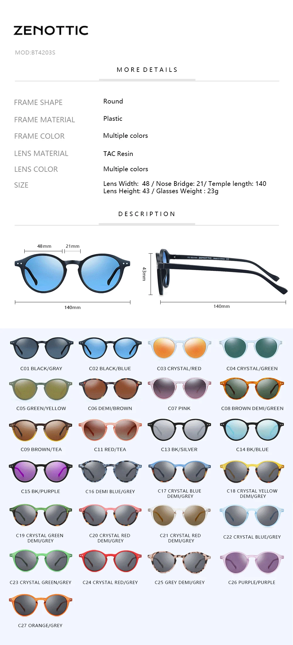 ZENOTTIC Kleine runde Sonnenbrille für Männer und Frauen, Vintage-Retro-polarisierte Kreis-Sonnenbrille, UV400-Schutz – Detail 6
