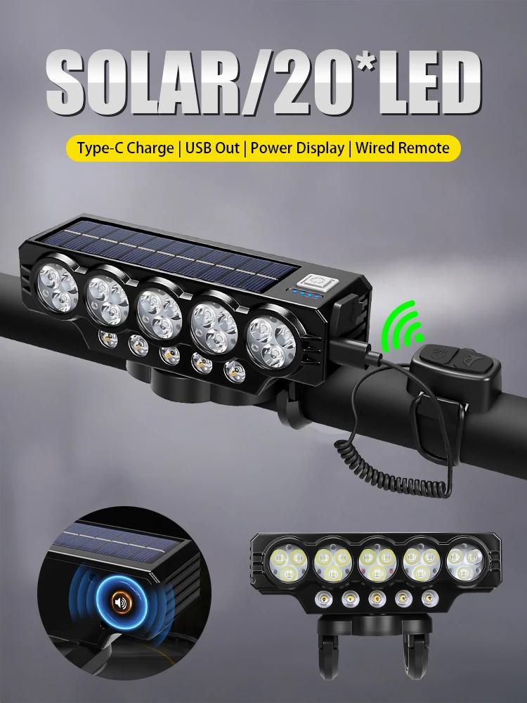 AliExpress KDULIT Bright 20Led Bicycle Light Solar Bicycle Front Light with Horn Rechargeable Solar Power MTB Flashlight Waterproof Bike Headlamp