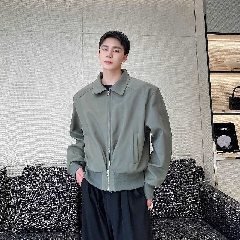 

Spring Korean Sle Vintage Turn-down Collar Color ort Jaet Coat Men's Ele Silhouette Couple's Trainer Top