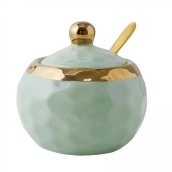 Kitchen Condiment Jar Ceramic Sugar Bowl with Spoon Porcelain Seasoning Pot Salt Container for Home Coffee Shop