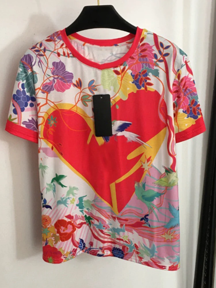 Fashion summer new Cupid love flowers printed T-shirt with round neck and short sleeves elegant and versatile loose blouse