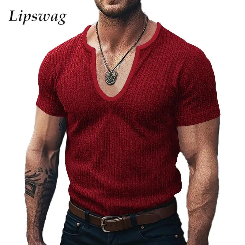 Casual Mens V Neck Ribbed T-shirts 2025 Spring Summer Leisure Short Sleeve Knitted Tees For Men Clothes Fashion Solid Color Tops