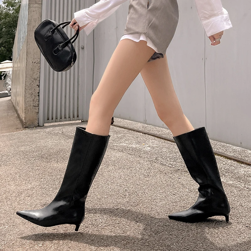 JOZHAMTA Size 34-39 Women Knee Boots Vintage Real Leather Kitten Heels Shoes Winter 2025 Pointy Wide Calf Casual Long Tall Boots