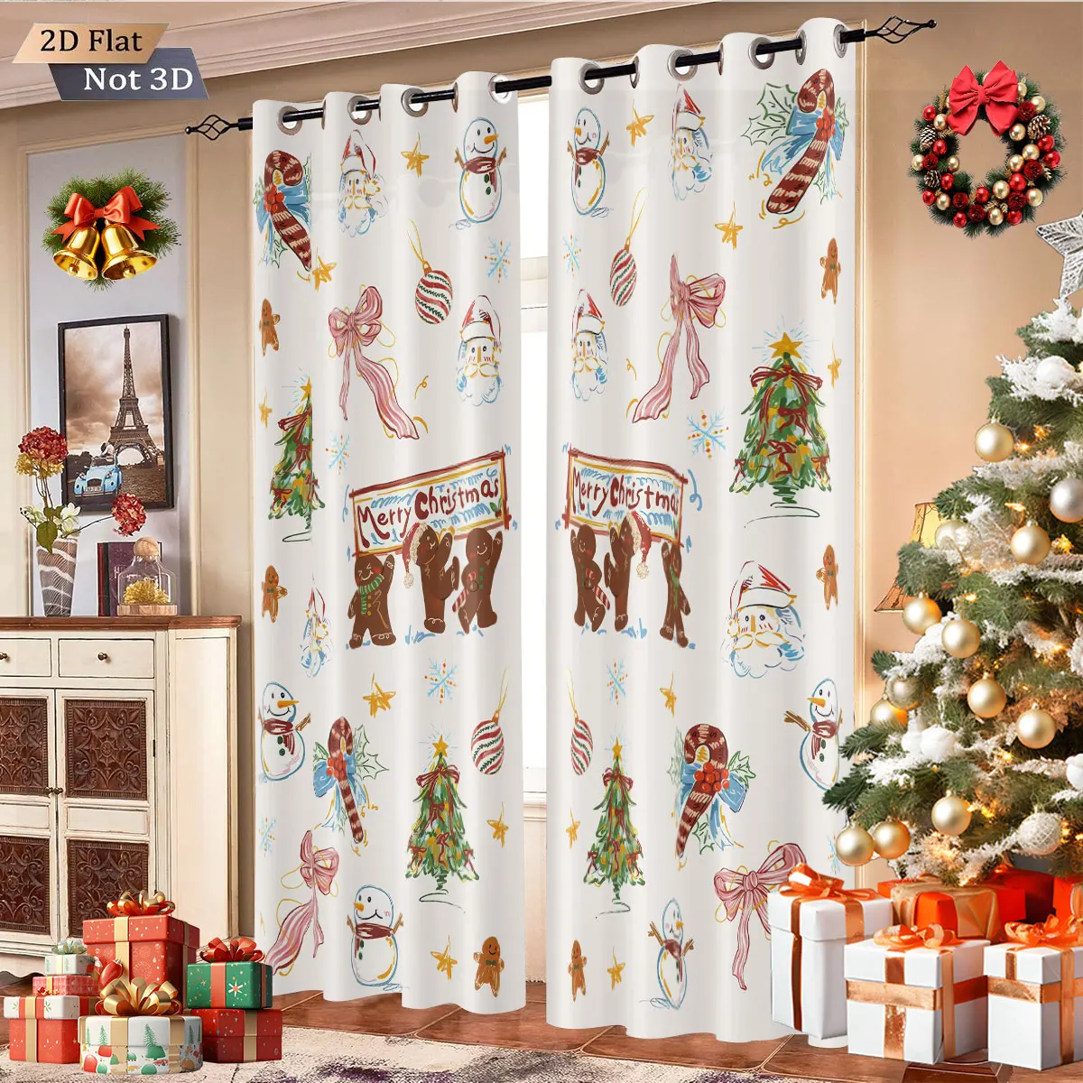 

2 шт., рождественские перфорированные шторы с розовым пряничным принтом, несколько размеров для изоляционного украшения гостиной и спальни