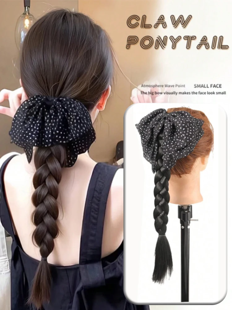 

Синтетический парик с хвостиком и бантом в горошек для повседневного ношения Элегантный синтетический зажим с завязками на когтях Плетеный хвостик Шиньон