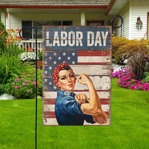 Rosie The Riveter Labor Day Garden Flag Rustic Wood Patriotic USA Yard Flag YYZ