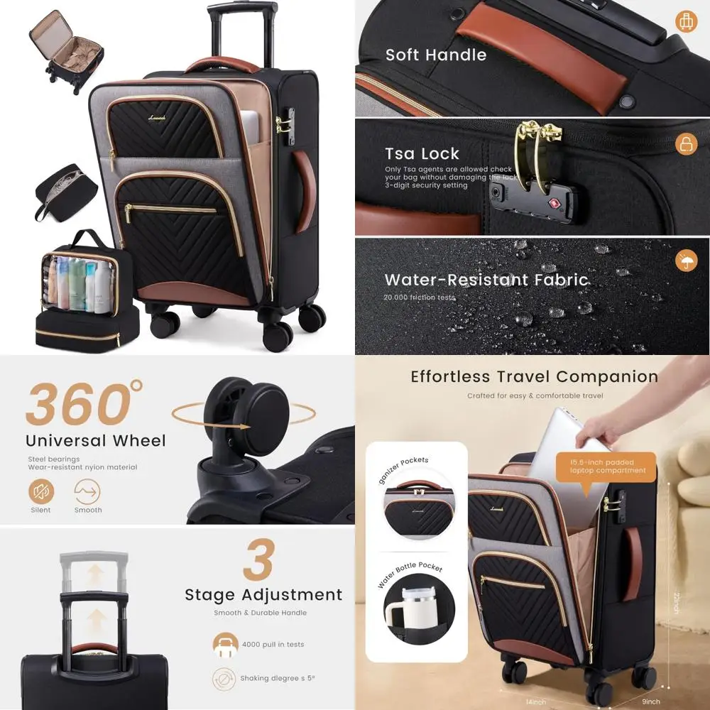 Airline Approved Large Waterproof Softside Carry-On Suitcase with 3 Packing Cubes, Lightweight Luggage for Travel