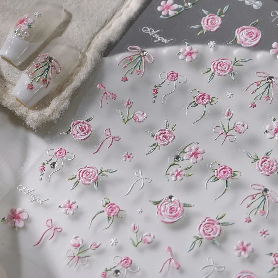 

Pink Peach Blossom Rose Flower Lace Bowknot Peony Camellia Delicate Self Adhesive Nail Art Decorations Stickers Manicure Decals