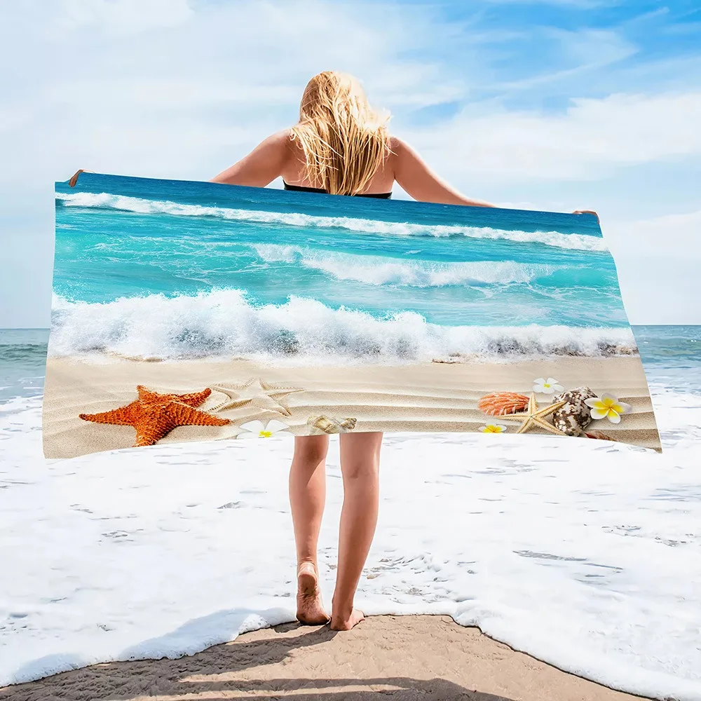 

Summer Tropical Ocean Wave Beach Towel Starfish Seashell Print Polyester Bath Towel Quick Dry Sand Free for Swim Pool Travel