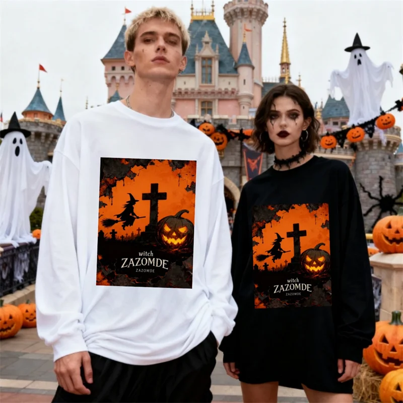 ZAZOMDE Retro Vintage Witch And Jack O Lantern Print Long Sleeve Cotton T-Shirt Halloween Mystical Design Breathable Fabric