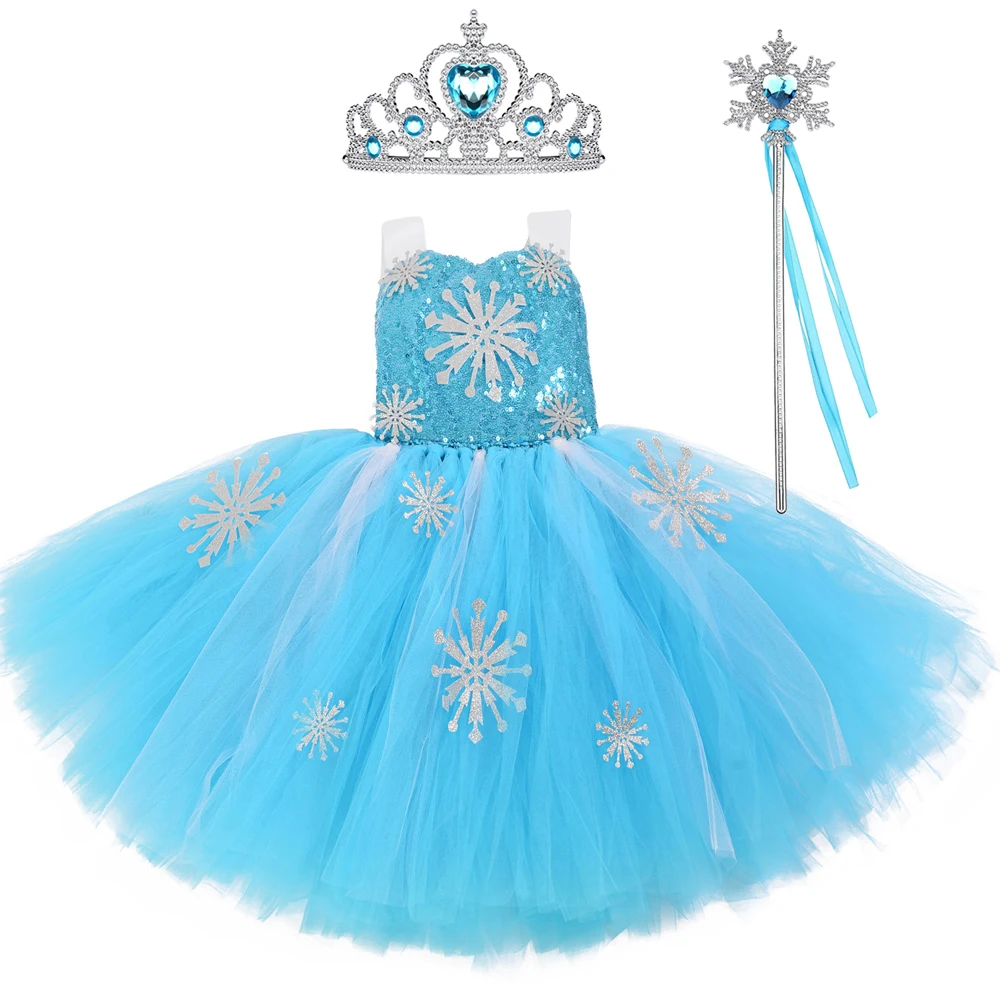 Skyblue Sequins Elsa Princess Dress Up Costume for Girls Snow Queen Ballet Tutus with Cloak Crown Kids Christmas New Year Outfit