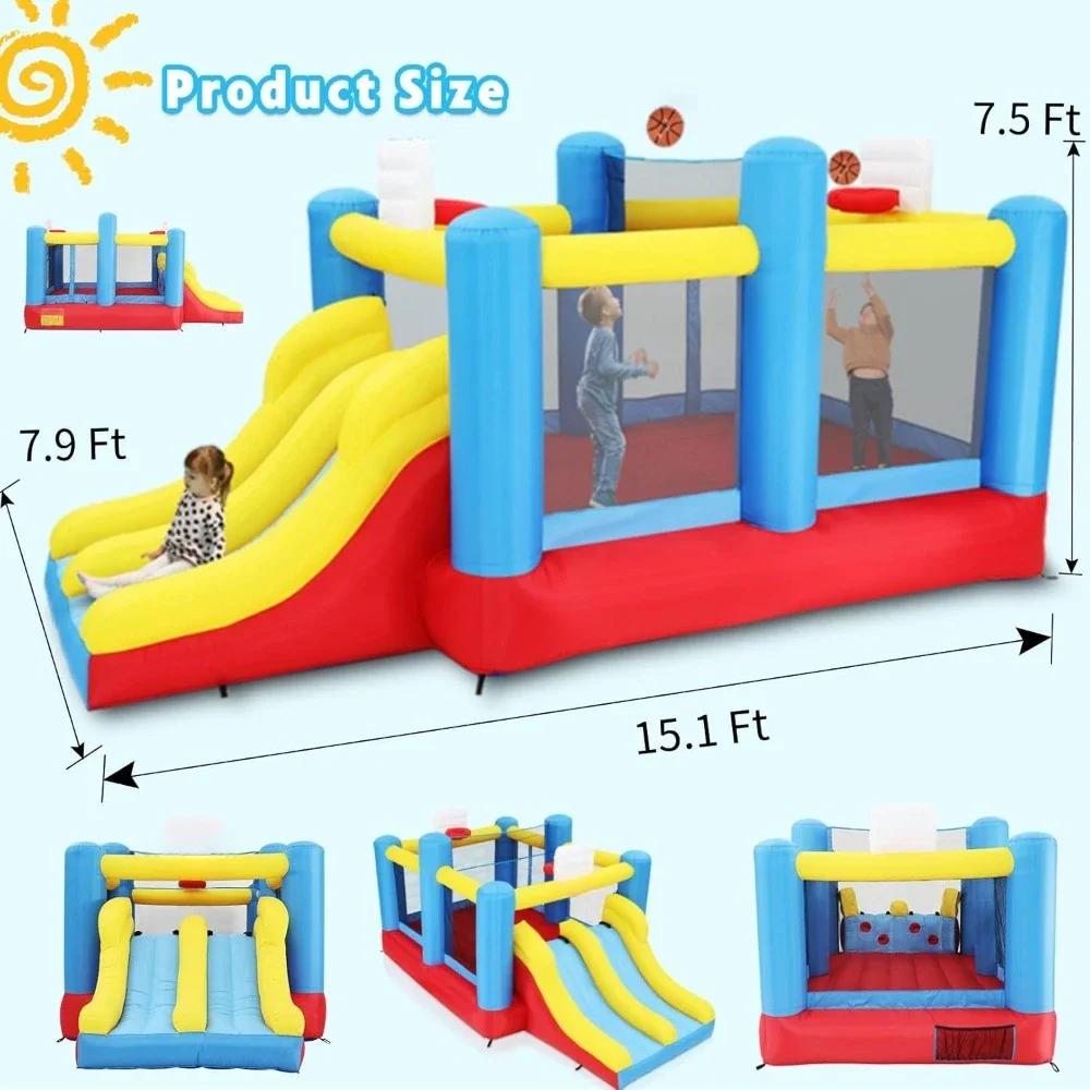 Inflatable Bounce House, Outdoor Indoor Bouncy House with Blower for Kids, Sports Ball Game Theme Park Bouncer W/Double Slide