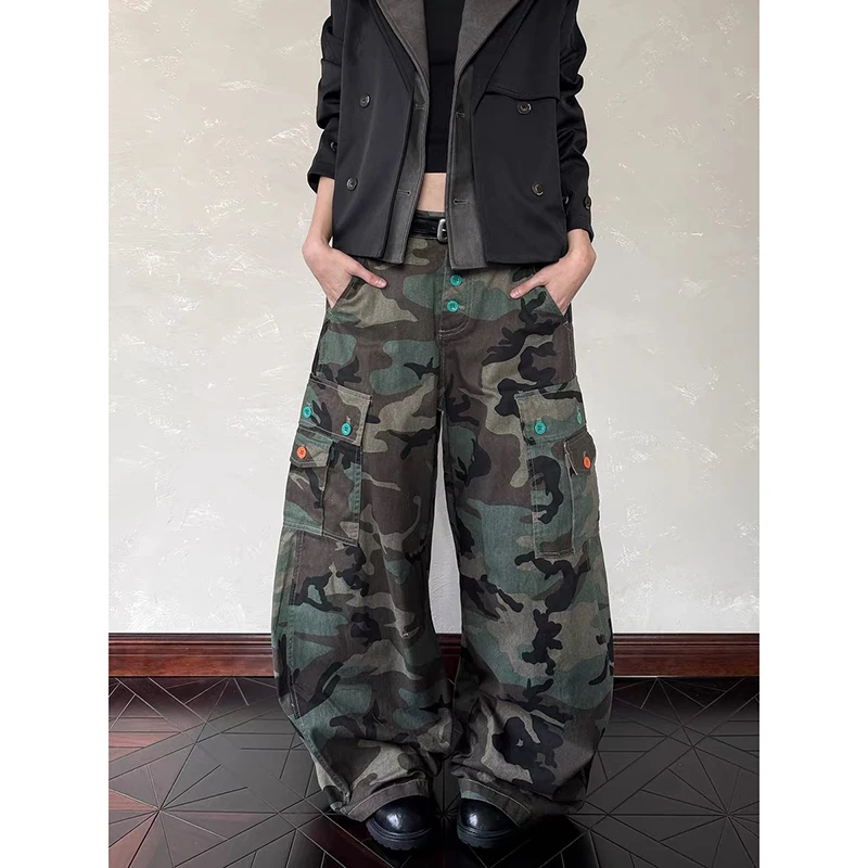 YIBASHU Women's Baggy Cargo Jean Y2k High Street Grunge Punk Camouflage 2000s Streetwear American Retro Wide Fit Denim Pants