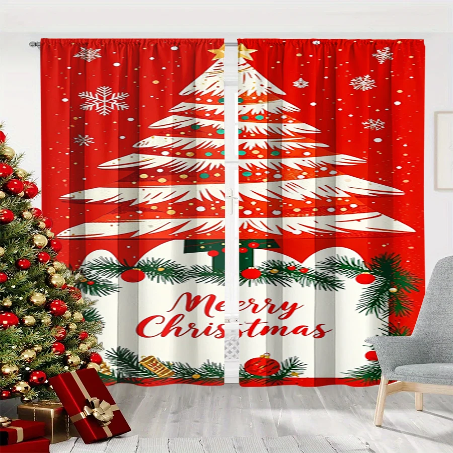 2PCS Digital Print Curtain, White Christmas Tree with Merry Christmas Text on Red, Pine Branches and Snowflakes for Window Decor