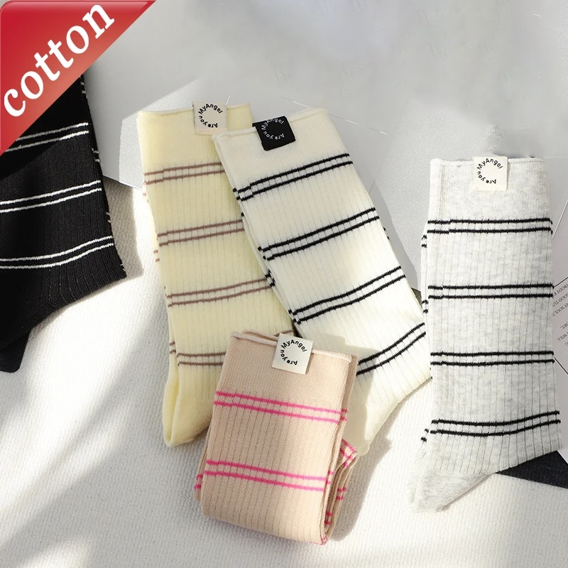 

Women's Socks Thin Stripe Simple Fashionable Versatile Pile Socks Comfortable Breathable Deodorant Pure Cotton Middle Tube Socks