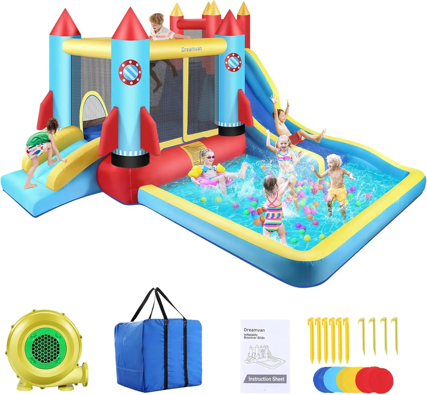 บ้านเด้งเป่าลมบ้านกระโดดและสาดบ้านเด้งสำหรับเด็กที่มีสระว่ายน้ำขนาดใหญ่และพื้นที่เด้งและสไลด์น้ำ2อันและกำแพงปีนเขา