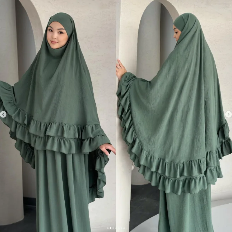 Eid Women Prayer Garment Dress 2 Piece Set Long Khimar Muslim Abaya Dubai Party Dresses Kaftan Robe Longue Vestidos Largos