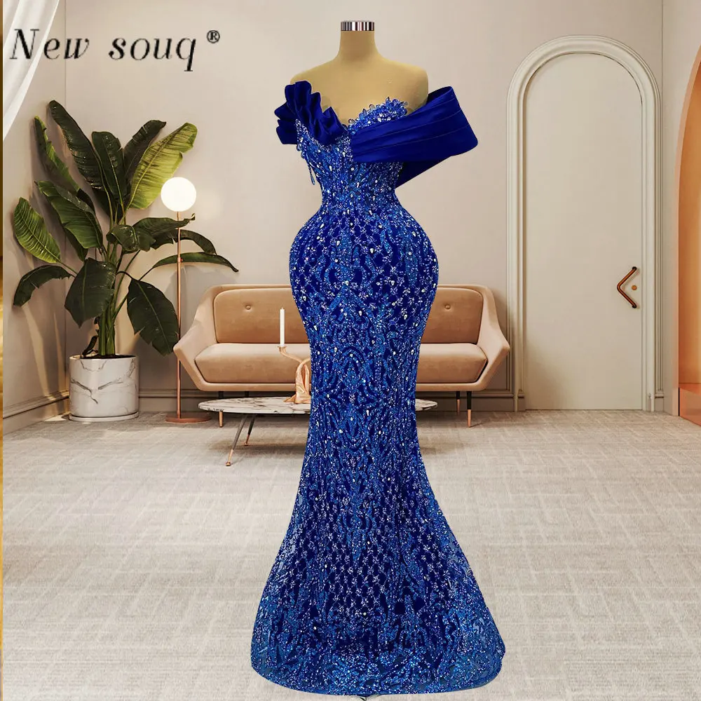 

Sparkle Long Royal Blue Mermaid Evening Dresses Ruffles Off Shoulder Crystals Formal Ceremony Event Night Party Gowns for Female