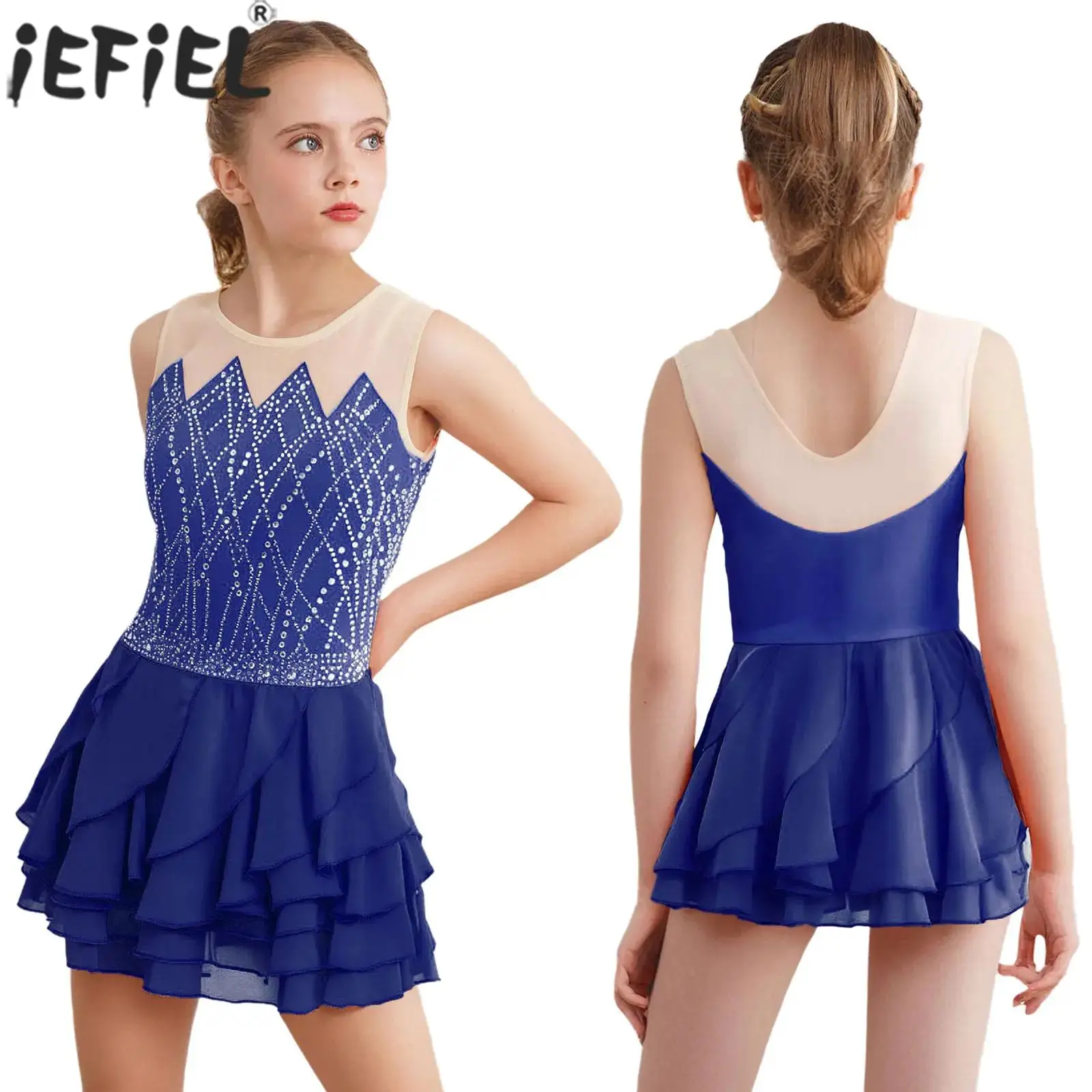 

6-16Y Girls Figure Skating Gymnastics Acrobatics Ballet Dance Performance Costume Sleeveless Rhinestone Sheer Mesh Leotard Dress