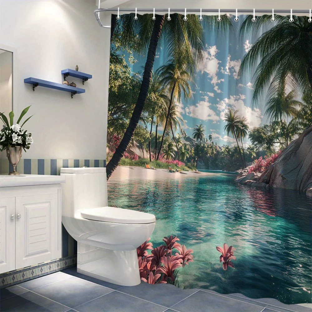 

Водонепроницаемая занавеска для душа со сценой тропического рай, включая пальмы и кристально чистых вод для расслабляющей ванной комнаты