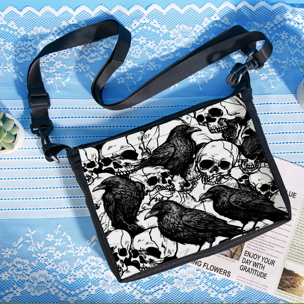 

1pc Gothic Skull And Raven Print Crossbody Bag Black Shoulder Bags For Women Men Halloween Party Travel Daily Use Fashion Access
