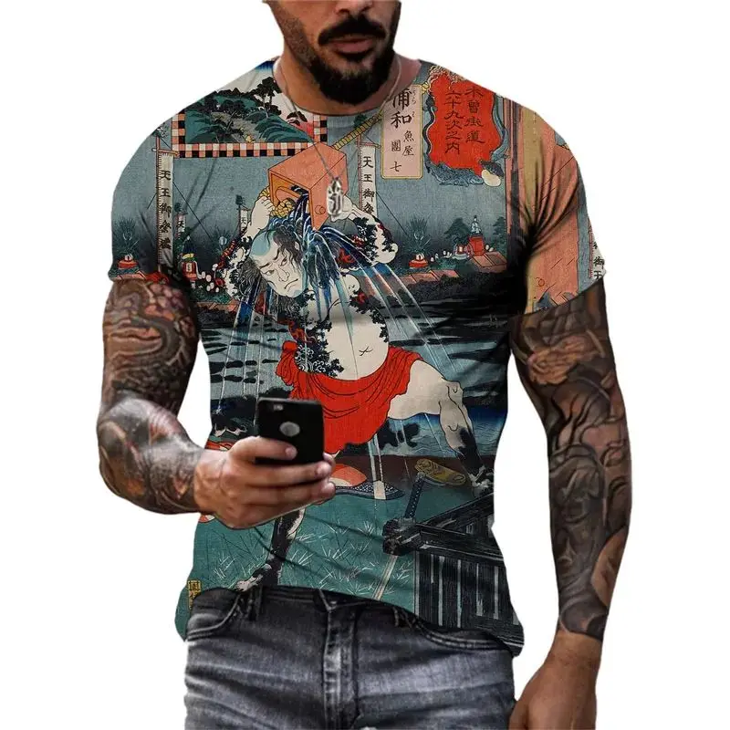 

Summer Fashion 3d Printed Japanese Samurai T-Shirt Street Personality Interesting Trend Plus Size O-Collar Short-Sleeved Top